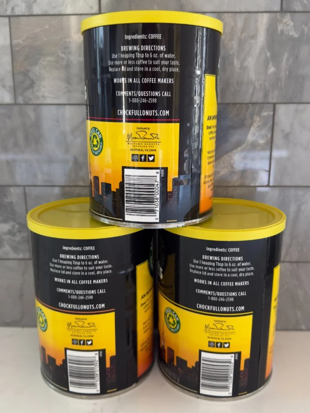 Set of 3 Empty Chock Full o' Nuts 10.2-11.3oz Tins NYC Skyline Storage Steel Can